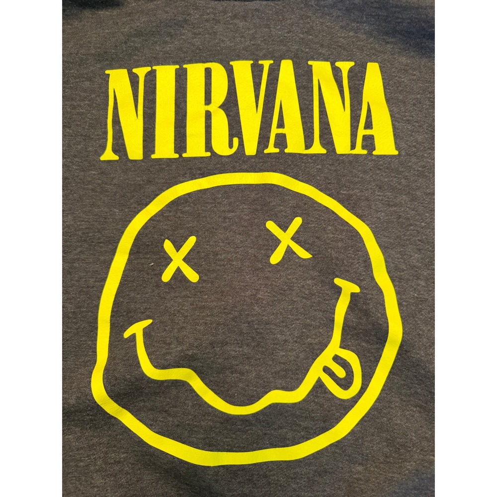 Nirvana Hoodie Iconic Yellow Smiley Face Logo Charcoal Grey Kids L Adult S - Picture 4 of 6